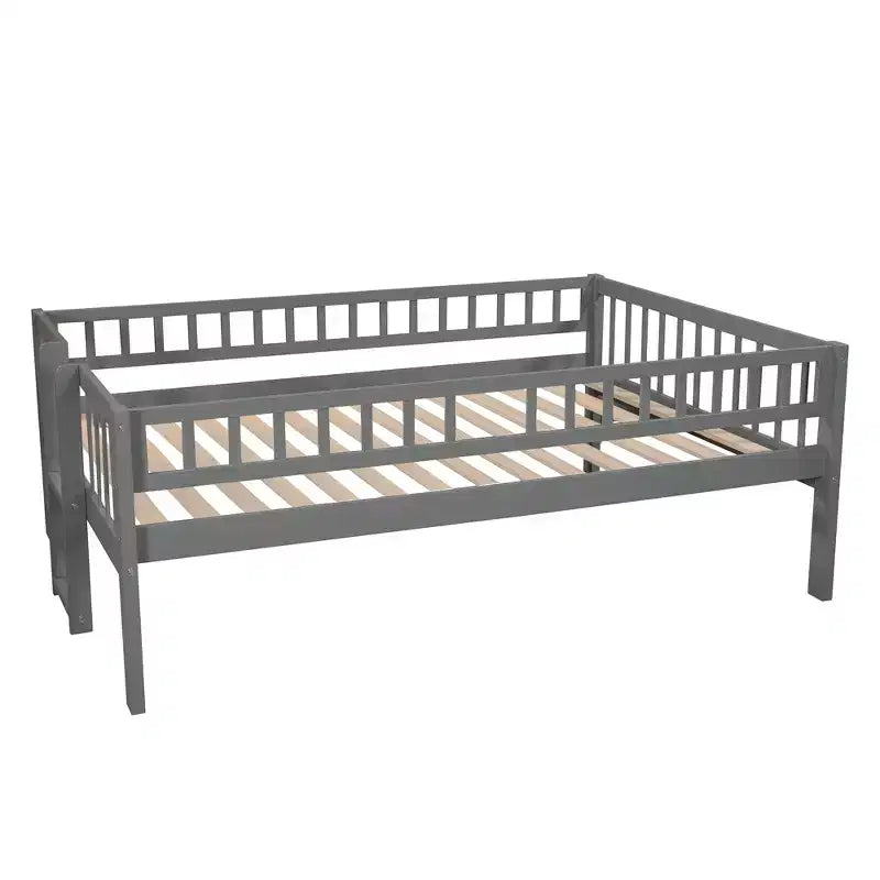 Dreistöckiges Etagenbett Full über Full mit umbaubarer Leiter und Rutsche, dreistöckiges Bett mit Sicherheitsgittern, Weiß/Grau/Espresso – ModernLuxe