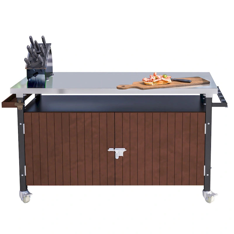Grillwagen für den Außenbereich mit Tischplatte aus Edelstahl (Hocker nicht enthalten)