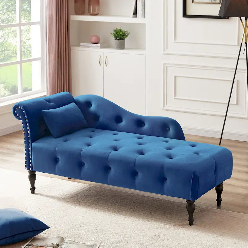 Chaise longue moderne de 60,6 po, capitonnée en velours avec boutons, pieds en bois massif et clous décoratifs