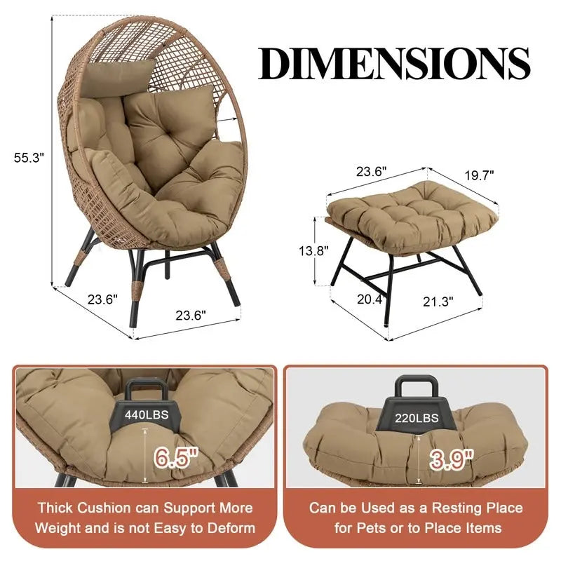 Fauteuil œuf d’intérieur FINCATI, fauteuil œuf d’extérieur supportant 440 lbs, fauteuil œuf surdimensionné avec pouf, fauteuil œuf luxueux et confortable avec repose-pieds