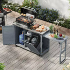 FAMYYT 78.3-Inch Outdoor Kitchen Island with Stainless Steel Countertop, Foldable BBQ Station, and Storage Cabinets, Grey Blue