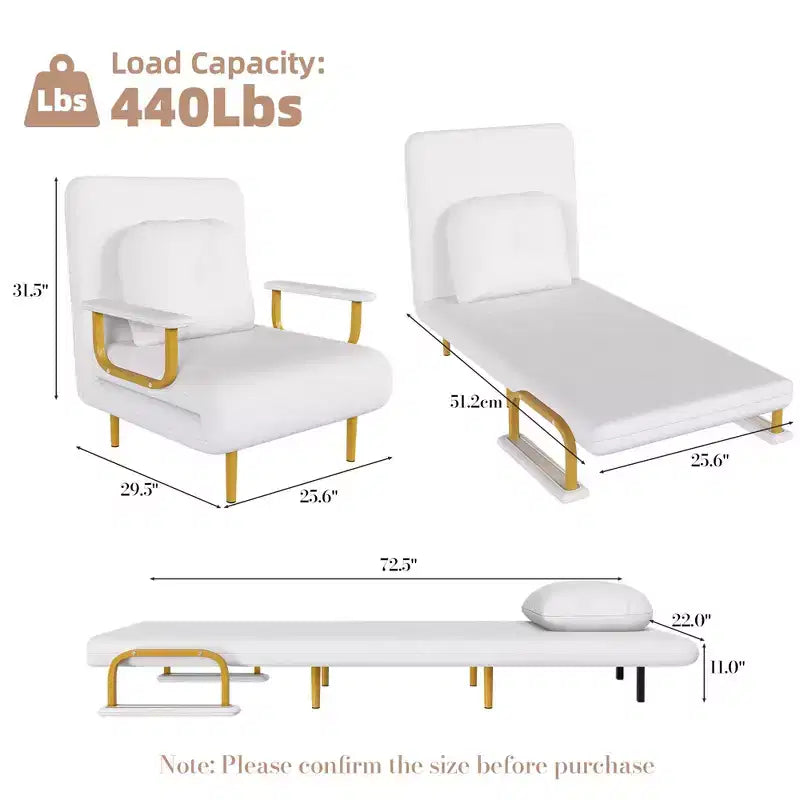 Canapé-lit pliant 3-en-1, fauteuil convertible avec dossier réglable en 5 positions et coussin, couchage gain de place pour salon, chambre et bureau (blanc)