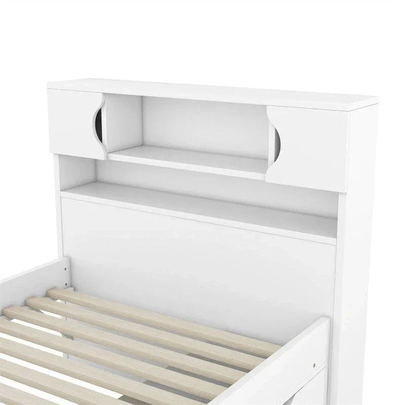 Lit plateforme de capitaine Twin/Full avec 4 tiroirs et étagères de rangement, structure en bois massif avec tête de lit bibliothèque et rangements