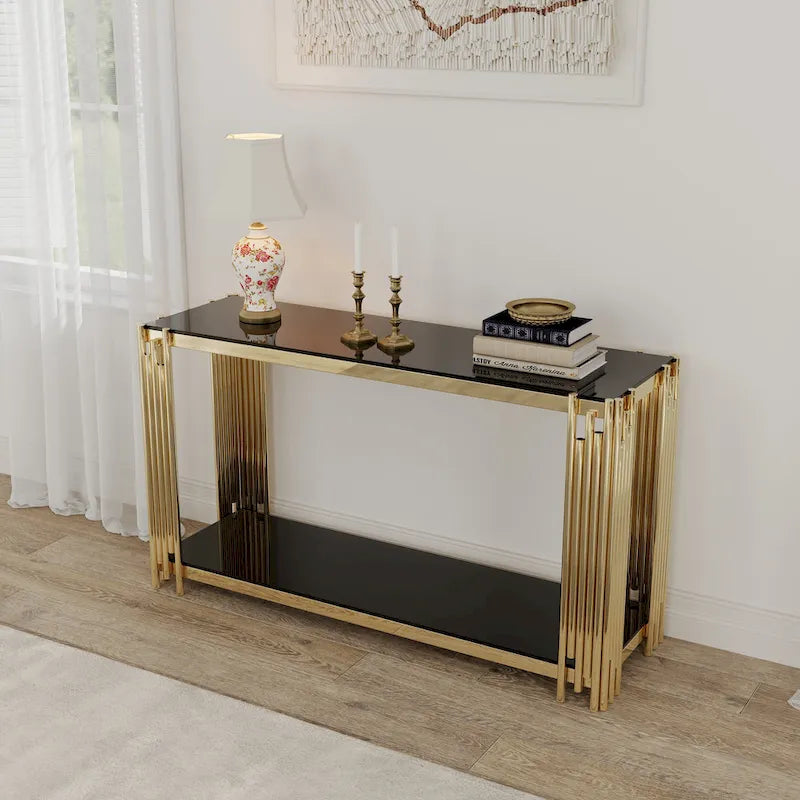Console étroite à 2 niveaux avec structure en métal finition dorée et plateau en verre trempé