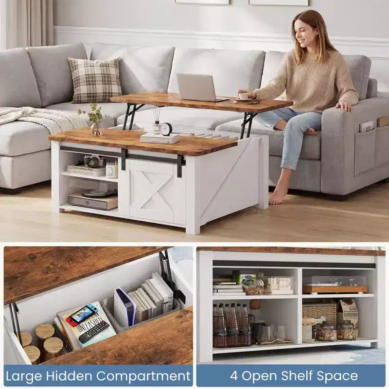 Table basse relevable JIONJOY de 31,5 po avec grand espace de rangement dissimulé, étagères réglables, table centrale carrée de style champêtre pour salon et petits espaces
