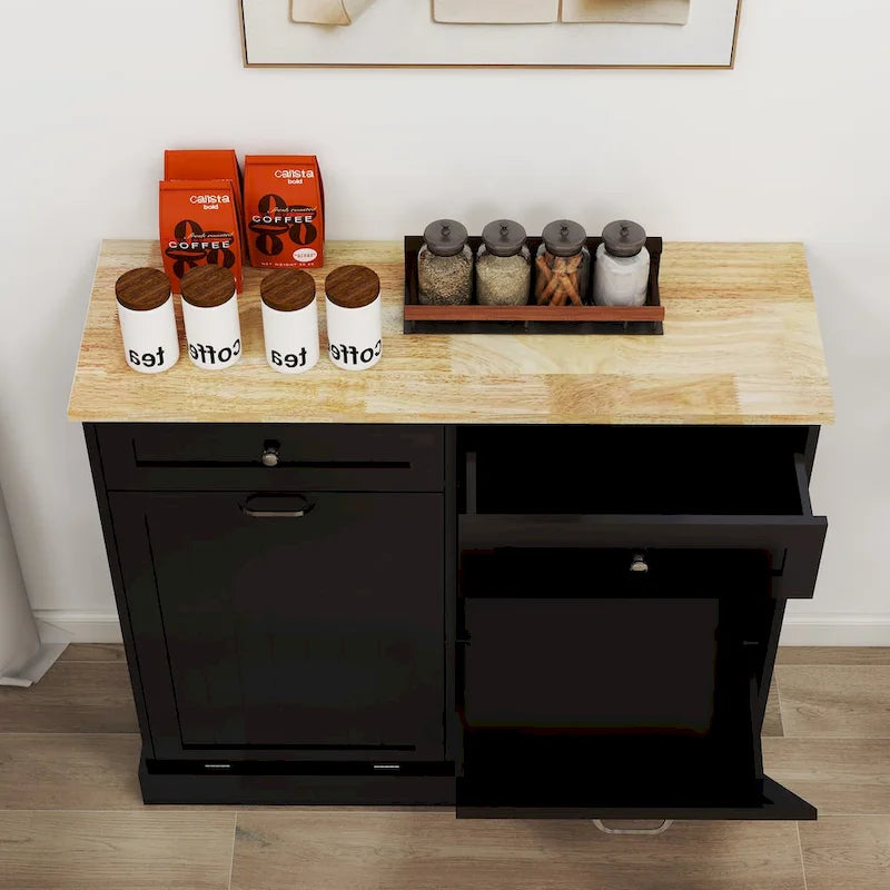 Meuble à déchets de cuisine noir avec deux tiroirs et deux compartiments basculants