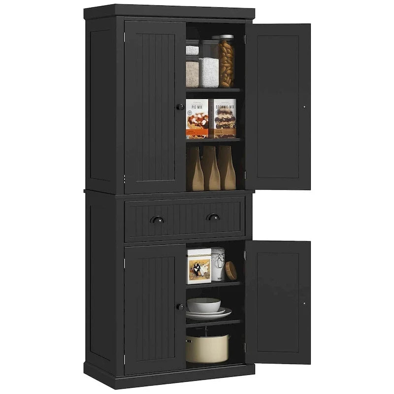 Armoire de rangement de garde-manger de cuisine de 72 pouces, armoire traditionnelle autoportante avec 4 portes et 3 étagères réglables, grand tiroir central