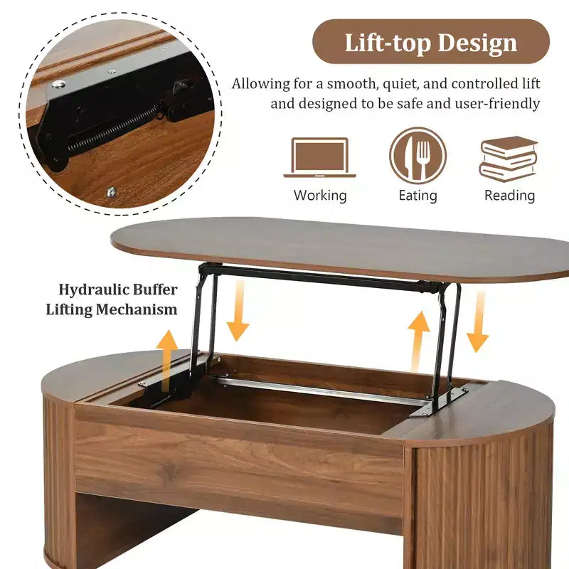 Table basse relevable ovale marron de 47,2 po avec compartiment caché