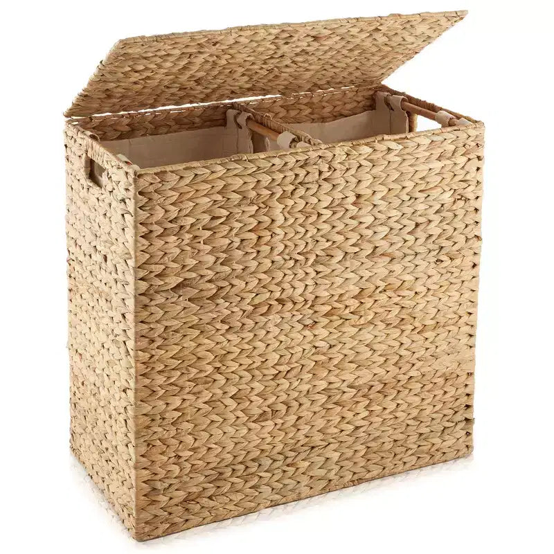 Panier à linge Casafield à 2 compartiments avec couvercle et sacs doublures amovibles, trieur de linge tressé en jacinthe d’eau pour vêtements