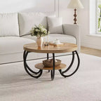 Runder industrieller Couchtisch mit 76 cm Durchmesser, 2 Ebenen, verstellbaren Füßen, Ablage in Holzoptik, Flammendesign, einfache Montage, Wohnzimmer