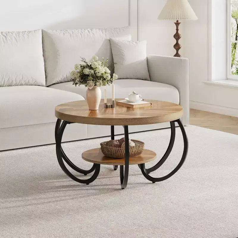 Runder industrieller Couchtisch mit 76 cm Durchmesser, 2 Ebenen, verstellbaren Füßen, Ablage in Holzoptik, Flammendesign, einfache Montage, Wohnzimmer