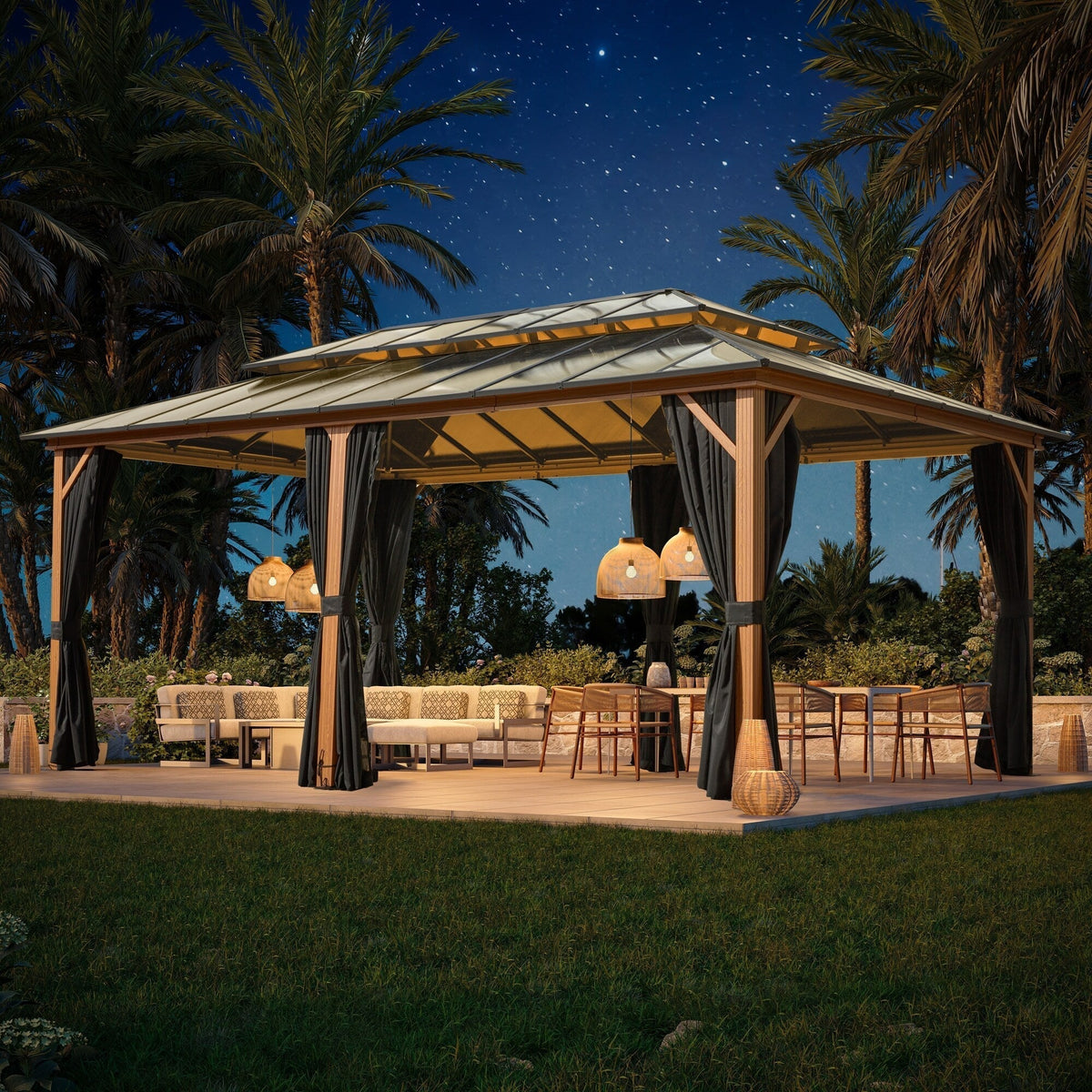 EROMMY Pavillon mit festem Dach, Outdoor-Pergola mit Doppeldach, Netzvorhängen und Vorhängen, robustes Vordach für Terrasse, Garten und Poolpartys