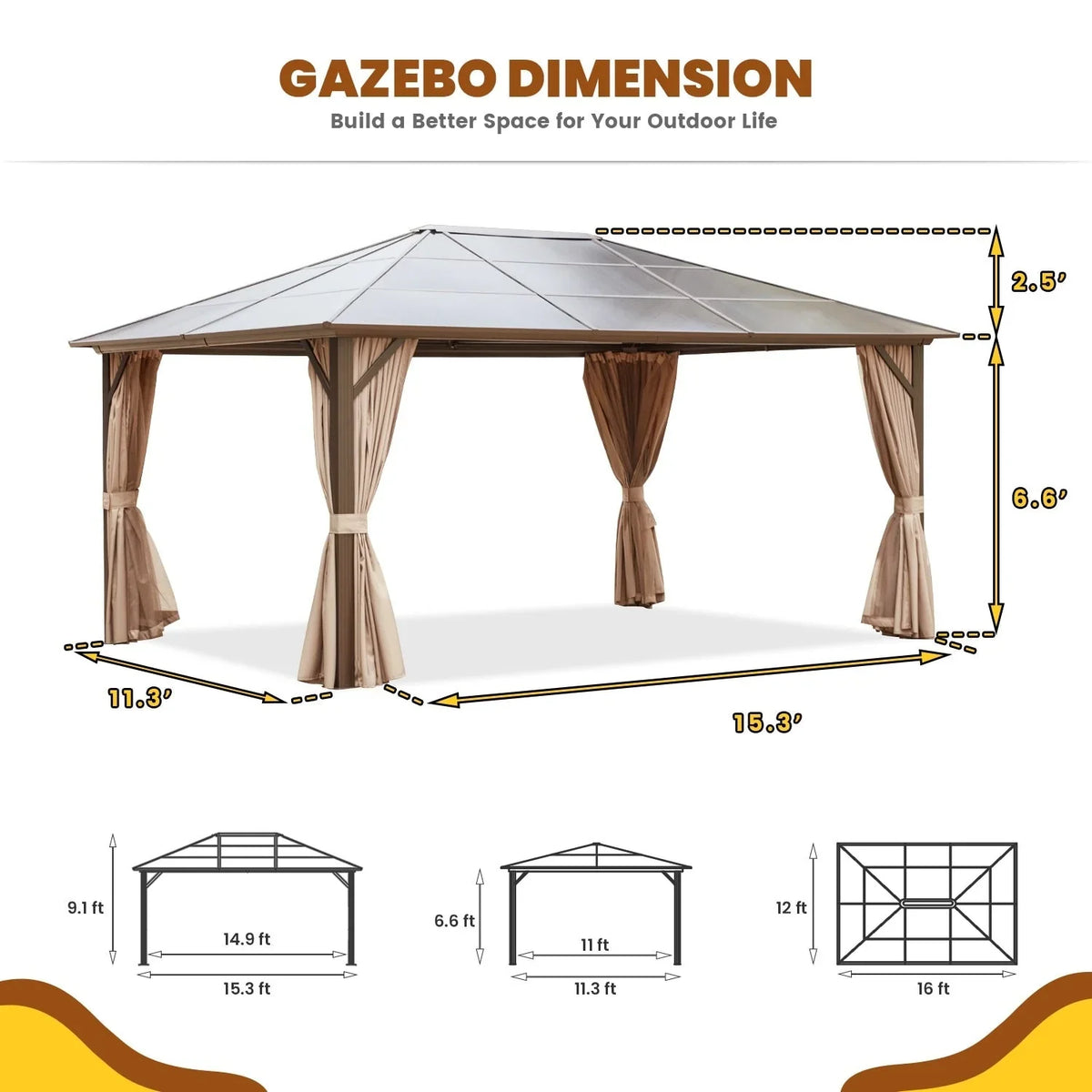 EROMMY Pavillon mit festem Dach, Outdoor-Pergola mit Doppeldach, Netzvorhängen und Vorhängen, robustes Vordach für Terrasse, Garten und Poolpartys