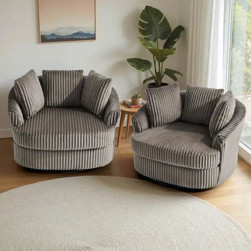 Set van 2 extra brede draaifauteuils van 43 W met zachte corduroybekleding en kussens