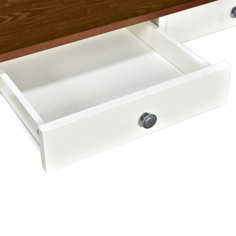 6-delige houten eetkamerset met 4 stoelen en bank, tafel met lade