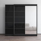 Armoire à 2 portes avec miroir, façade en verre, pour 2 personnes (gris / noir / blanc)