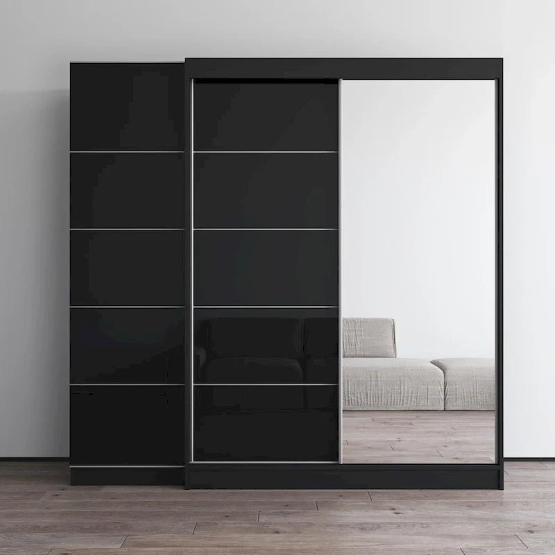 Armoire à 2 portes avec miroir, façade en verre, pour 2 personnes (gris / noir / blanc)