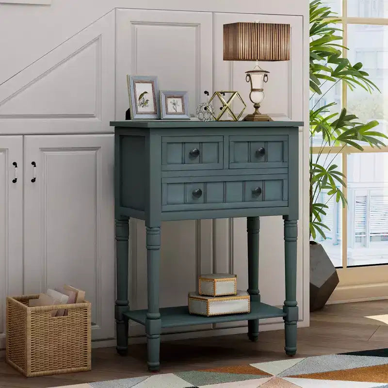 Smalle consoletafel van 60,2 cm met 3 laden en plank, sofatafel voor kleine entrees of woonkamers