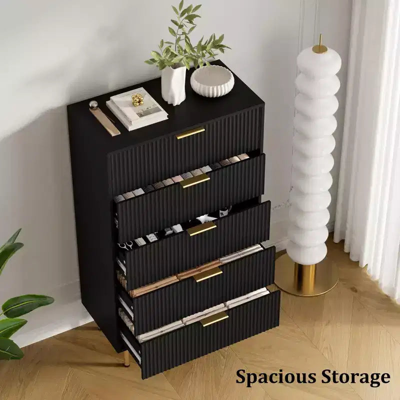 White / Marble & Wood 5-Drawer Dresser ?C Fluted Panel, for 1 Person Use