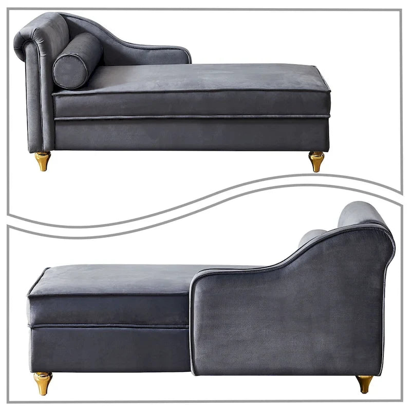 Fauteuil méridienne élégant français en velours avec revêtement rembourré et rangement, avec coussin