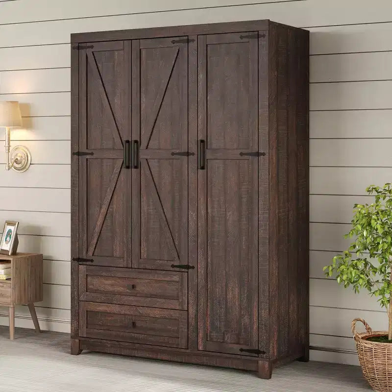 AMERLIFE 47-Zoll-Kleiderschrank im Landhausstil mit 3 Türen, 2 Schubladen, Kleiderstange und verstellbaren Regalen, freistehender Kleiderschrank-Organizer