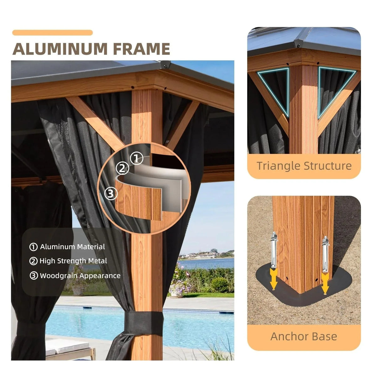 EROMMY Pavillon mit festem Dach, Outdoor-Pergola mit Doppeldach, Netzvorhängen und Vorhängen, robustes Vordach für Terrasse, Garten und Poolpartys