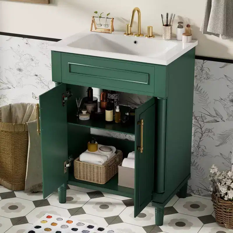 24-Zoll-Badezimmerunterschrank mit Keramikwaschbecken, Shaker-Schrank, 2 Türen mit Soft-Close-Funktion und Rahmen aus Massivholz für kleine Badezimmer oder Gäste-WCs