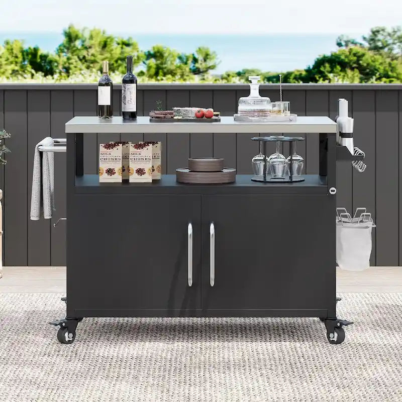 Outdoor-Kücheninsel mit Edelstahl-Tischplatte, Metall-Grillwagen-Tisch mit Stauraumfach – N/A