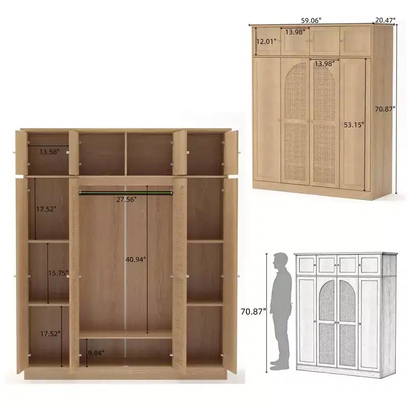 Armoire-penderie haute de 70,87 pouces à 8 portes, grande capacité, avec tringle, étagères réglables et portes décoratives en rotin
