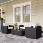 4-teiliges Rattan-Sofaset, Korbsofaset für die Terrasse mit Zweiersofa, Sesseln und Couchtisch mit Glasplatte für Garten und Außenbereich