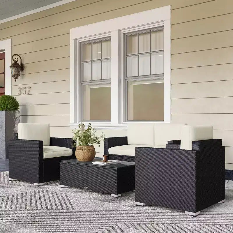 4-teiliges Rattan-Sofaset, Korbsofaset für die Terrasse mit Zweiersofa, Sesseln und Couchtisch mit Glasplatte für Garten und Außenbereich