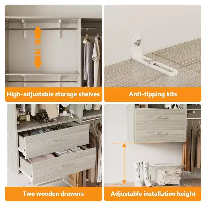Vrijstaand garderobesysteem van Besiost met 8 kledingroedes en laden, hangende garderobe-opberger met 10 planken