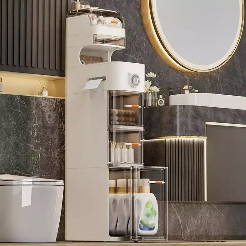 Smalle badkamerkast, smalle opbergkast met 7 niveaus, waterdichte opbergers, tissuedooshouder en wielen, ideaal voor badkamer, keuken en wasruimte