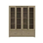 Famapy Light Oak-Grain Display Bookcase: 63W,Sliding Glass Doors + Drawer Storage  Spacious Organizer for Home Libraries & Living Rooms