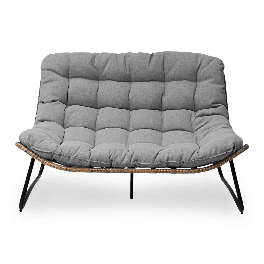 Fauteuil double Papasan avec coussin, rotin PE toutes saisons et structure en métal, pour intérieur et extérieur