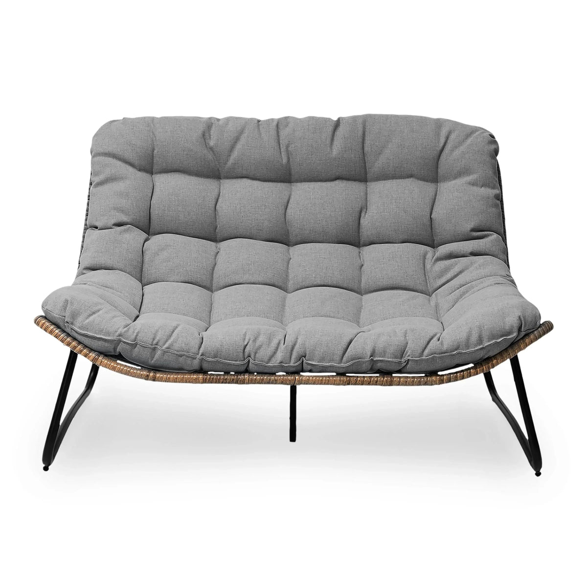 Fauteuil double Papasan avec coussin, rotin PE toutes saisons et structure en métal, pour intérieur et extérieur