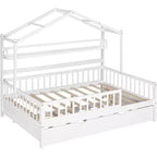 Acekool Full Size House Bed Frame with Twin Trundle, Storage Drawers & Shelves, Roof & Fence, Kids Platform Bed, White