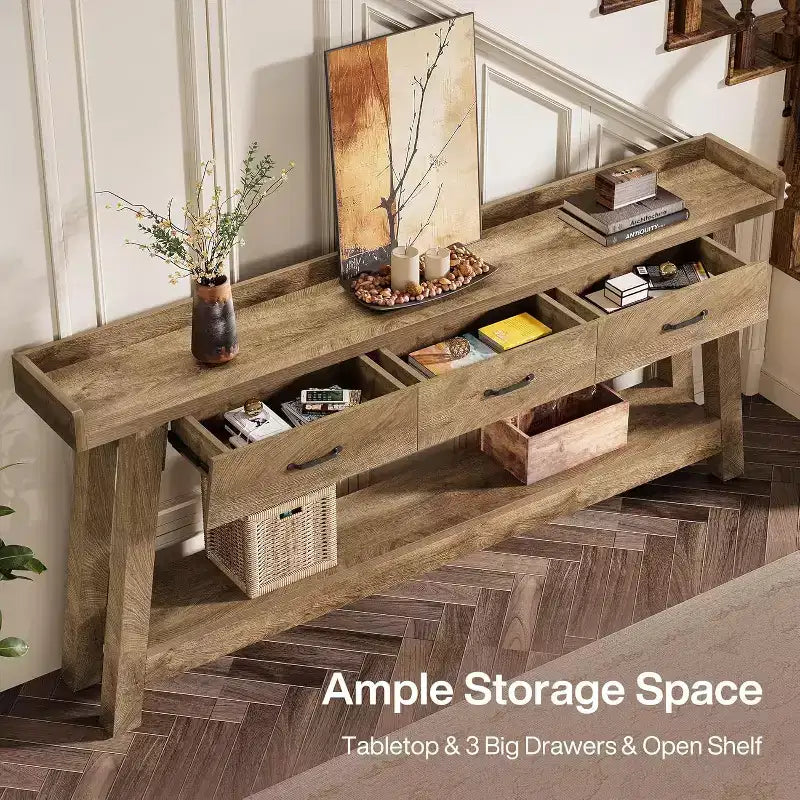 Table console Lantine à 2 niveaux avec 3 tiroirs, console de 70,9 avec rebord surélevé et étagères de rangement pour le salon, le couloir ou l’entrée