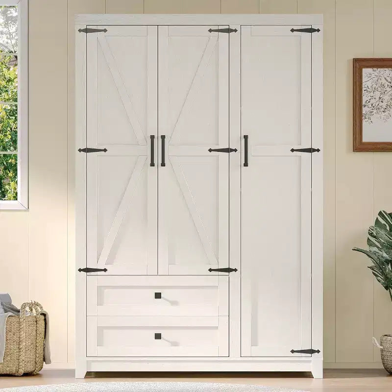 AMERLIFE 47-Zoll-Kleiderschrank im Landhausstil mit 3 Türen, 2 Schubladen, Kleiderstange und verstellbaren Regalen, freistehender Kleiderschrank-Organizer