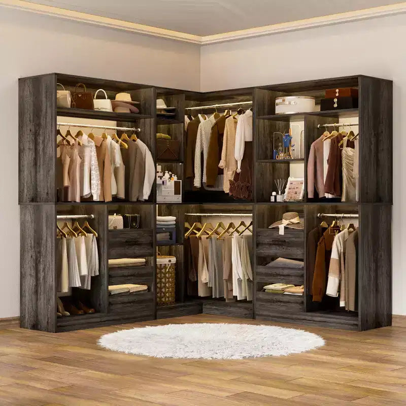 Ensemble Besiost de 3 éléments pour dressing d’angle avec étagères en colonne et tiroirs, organisateur de dressing autoportant avec tringles