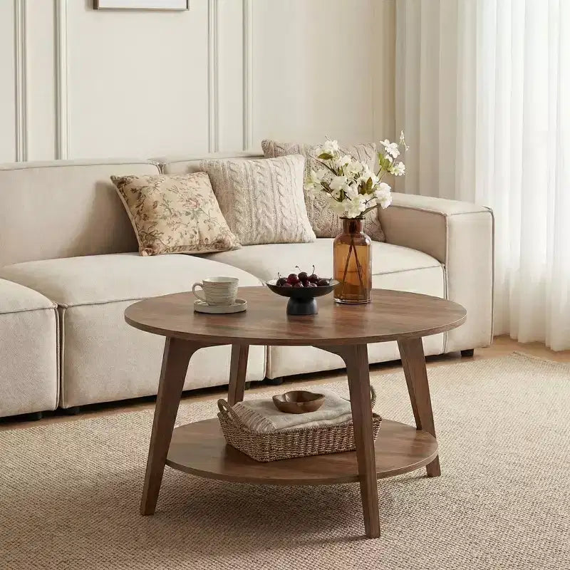 Honingbruine ronde salontafel met 2 opbergniveaus, 31,5 x 17,7 inch, ideaal voor de woonkamer