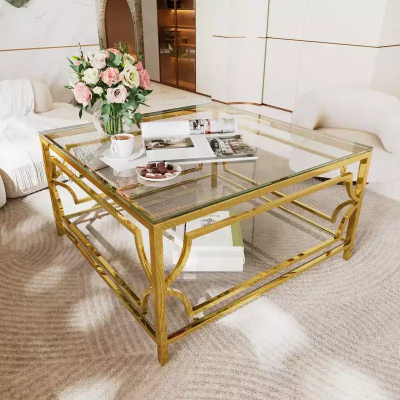 Quadratischer Couchtisch von Merax mit schwarzer oder transparenter Glasplatte und zweistöckigem Ablagefach