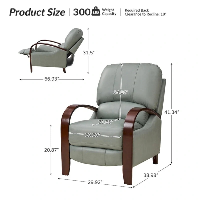 Alex moderner Relaxsessel im Mid-Century-Stil aus echtem Zigarrenleder mit manueller Verstellung und geschwungenen Holzarmlehnen