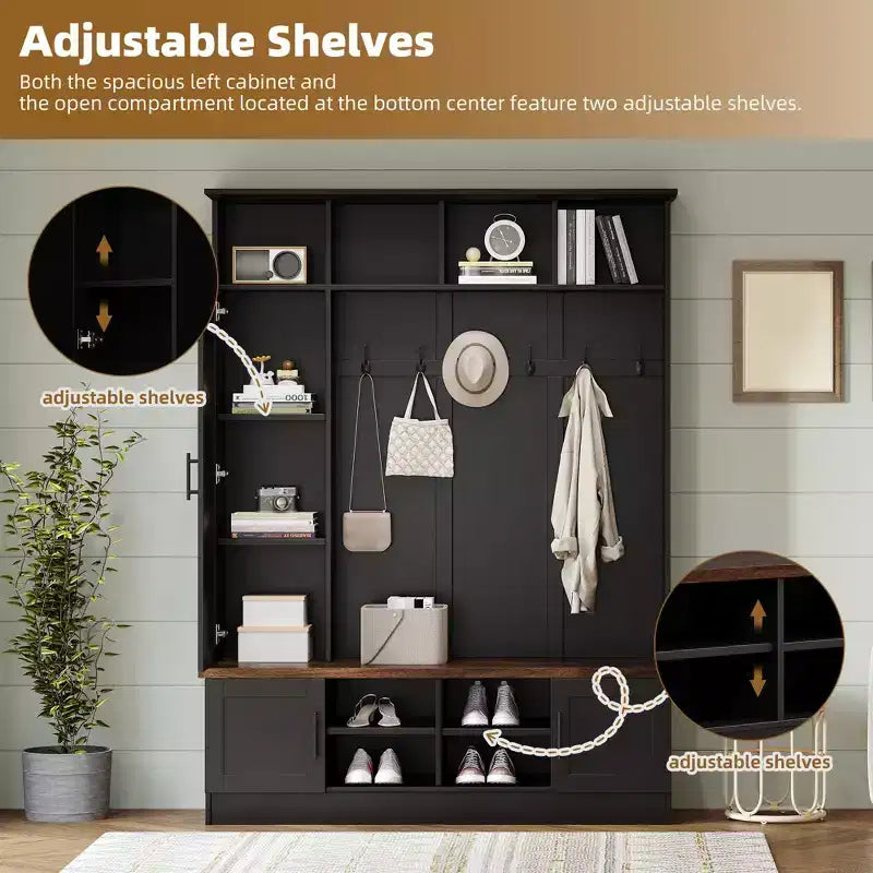 Portemanteau d’entrée avec banc à chaussures, portant multifonction avec 6 crochets, porte-manteau mural en bois avec rangement pour chaussures pour l’entrée et le salon