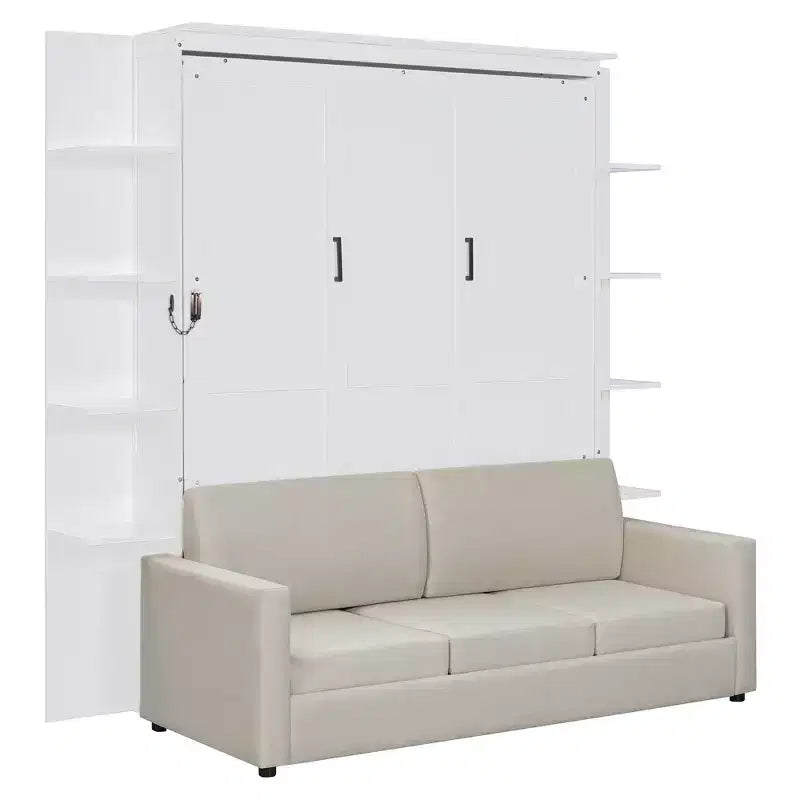 Lit escamotable mural queen size avec canapé, lit armoire pliant queen size avec bibliothèque et étagères pour chambre d’amis ou bureau