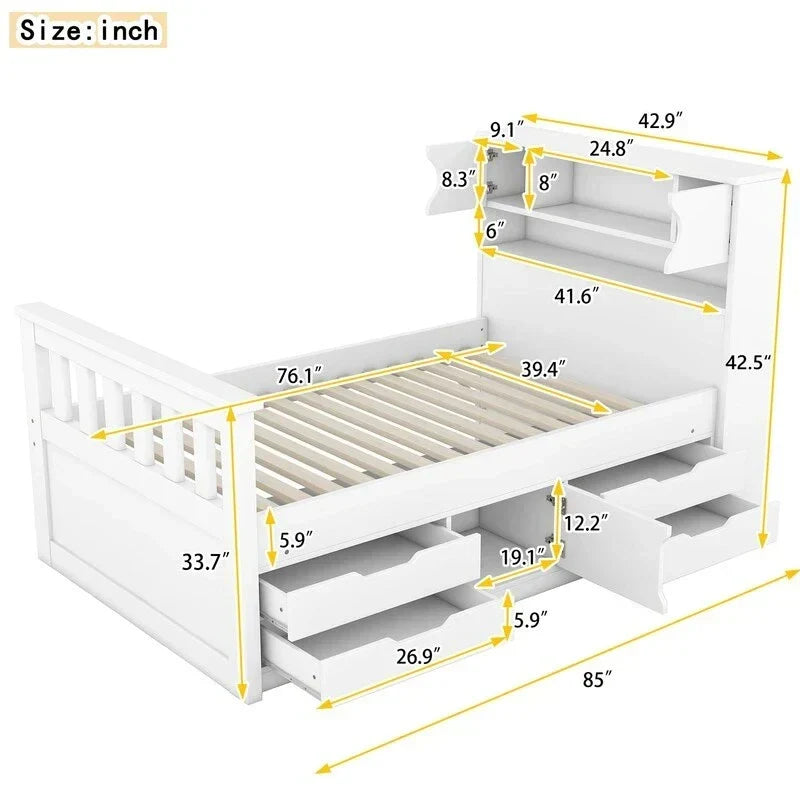 Lit plateforme de capitaine Twin/Full avec 4 tiroirs et étagères de rangement, structure en bois massif avec tête de lit bibliothèque et rangements