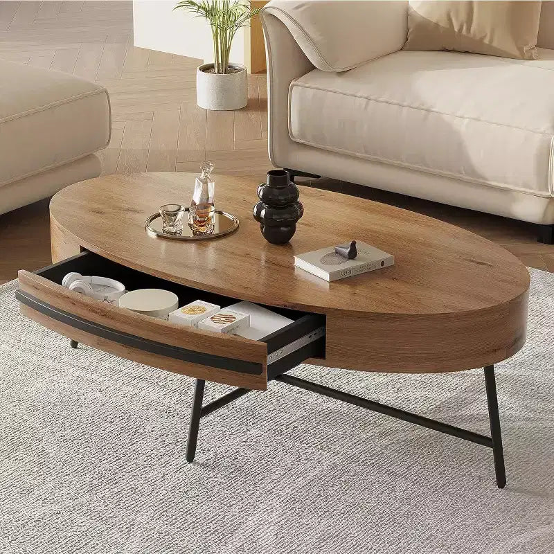Acekool ovale salontafel met lade, houten opbergtafel van 47,2 met metalen kruispoten, moderne tafel in mid-century-stijl in naturel en goudkleurig wilgenhout