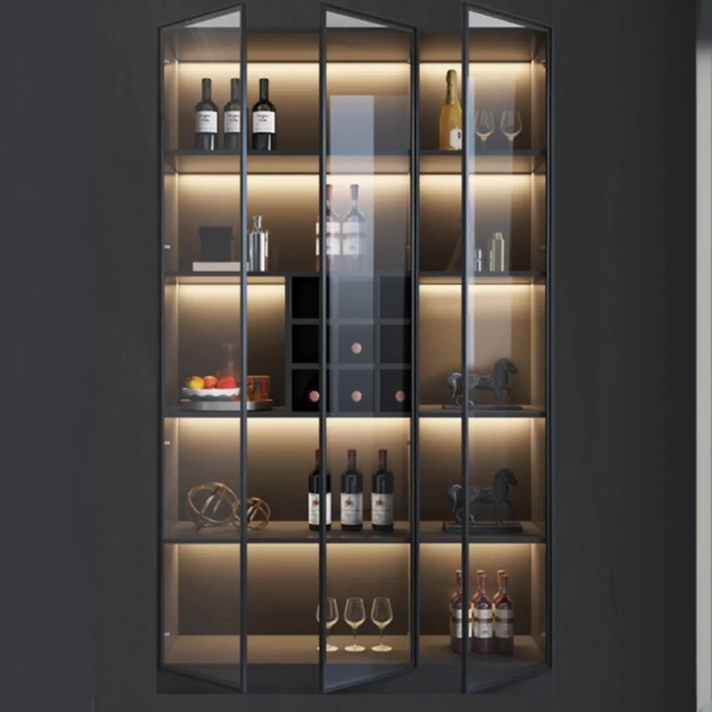 Minimalistische zwarte houten wijnkast met glazen deur