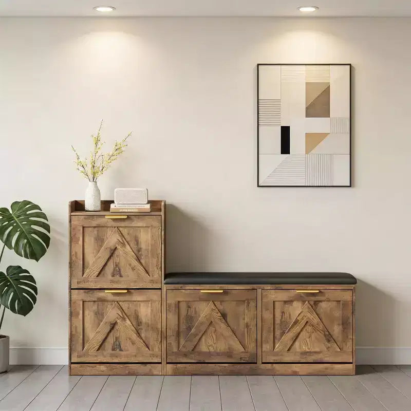 Landelijke schoenenkast met bank, schoenenopberger voor de hal met 4 klepdeuren en comfortabele gewatteerde zitting, vrijstaande schoenenrekbank