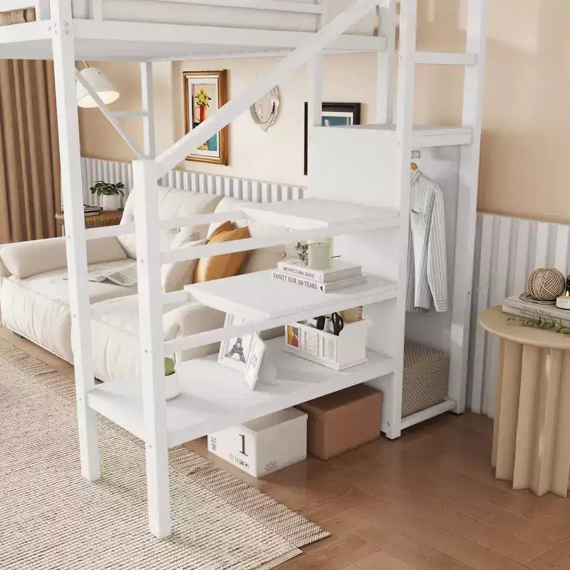 Okak 94-Zoll-Hochbett in Twin-Größe mit Kleiderschrank, Twin-Bett mit Ablagefächern und Korb, Bettgestell für Schlafzimmer und Wohnheim